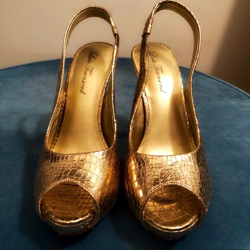 Lulu Townsend Gold Faux Snake Skin Heels